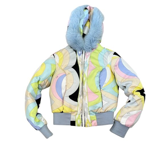 Vintage Iconic classic Emillio Pucci Fox fur Bomber jacket puffer blue print S 6 - Picture 4 of 14